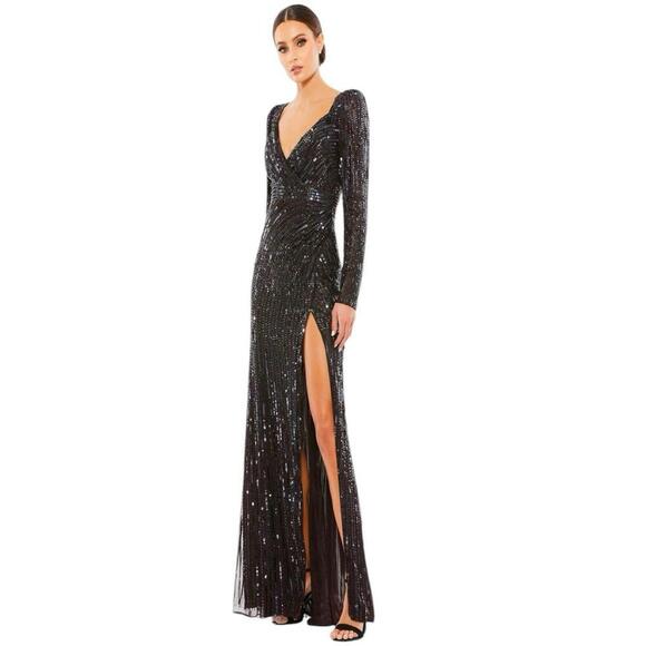 Mac Duggal 5379 High Slit Sequin Dress Long Sleeve Sz 4 Espresso Formal NWT $498 - Picture 1 of 9